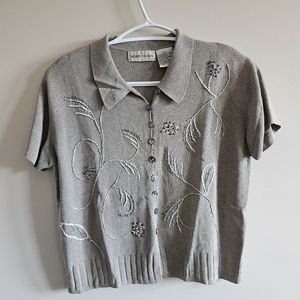 Vintage Embroidered Collared Short Sleeve Sweater